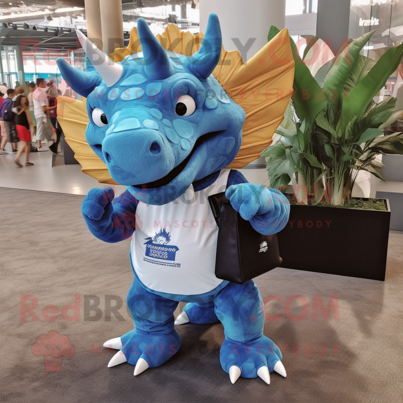 nan Triceratops mascot costume character dressed with a Button-Up Shirt and Messenger bags