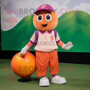 Peach Plum mascot costume character dressed with a Polo Tee and Messenger bags