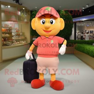 Peach Plum mascot costume character dressed with a Polo Tee and Messenger bags