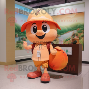 Peach Plum mascot costume character dressed with a Polo Tee and Messenger bags