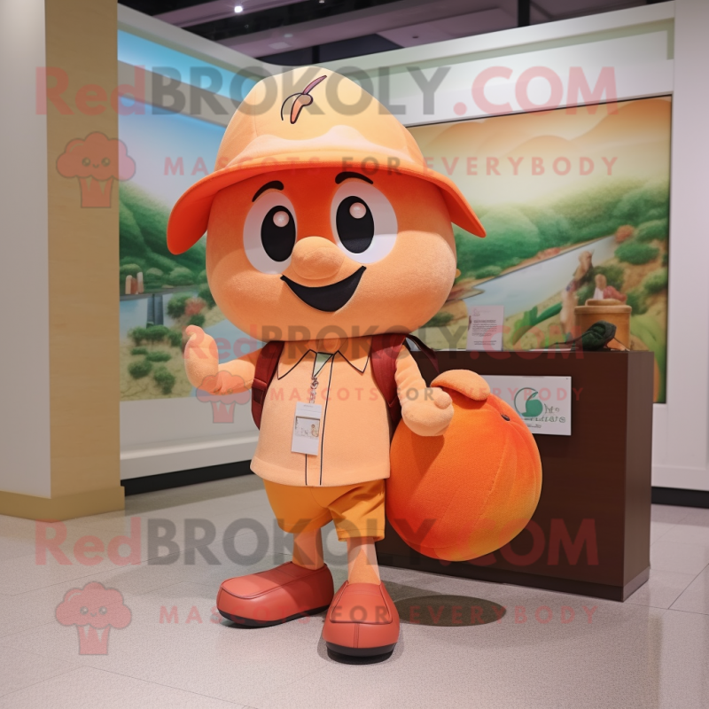 Peach Plum mascot costume character dressed with a Polo Tee and Messenger bags Peach Plum mascot costume character dressed with a Polo Tee and Messenger bags