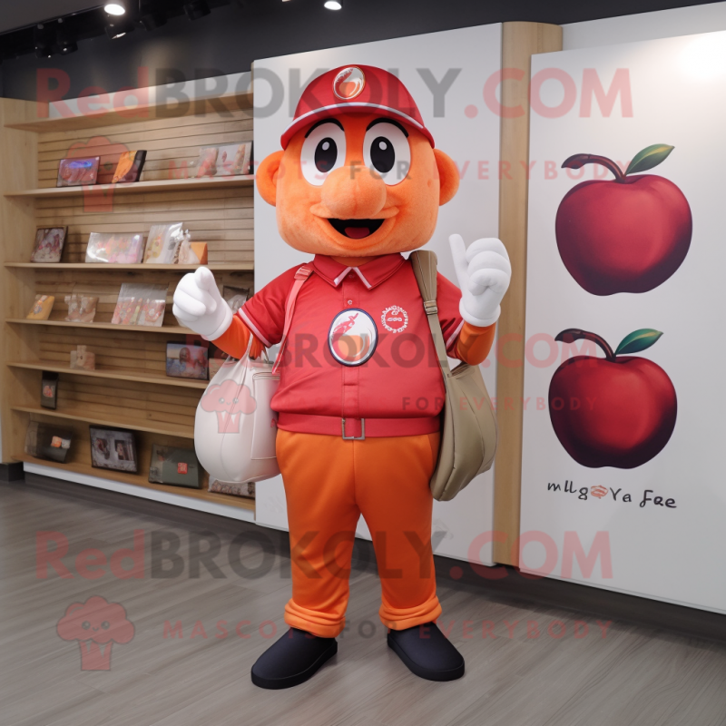 Peach Plum mascot costume character dressed with a Polo Tee and Messenger bags Peach Plum mascot costume character dressed with a Polo Tee and Messenger bags