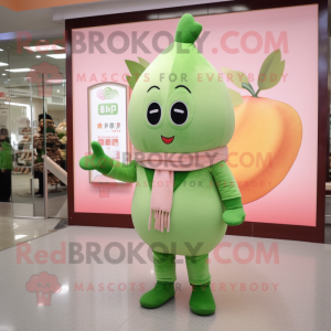 Peach Green Bean mascot costume character dressed with a Trousers and Scarves