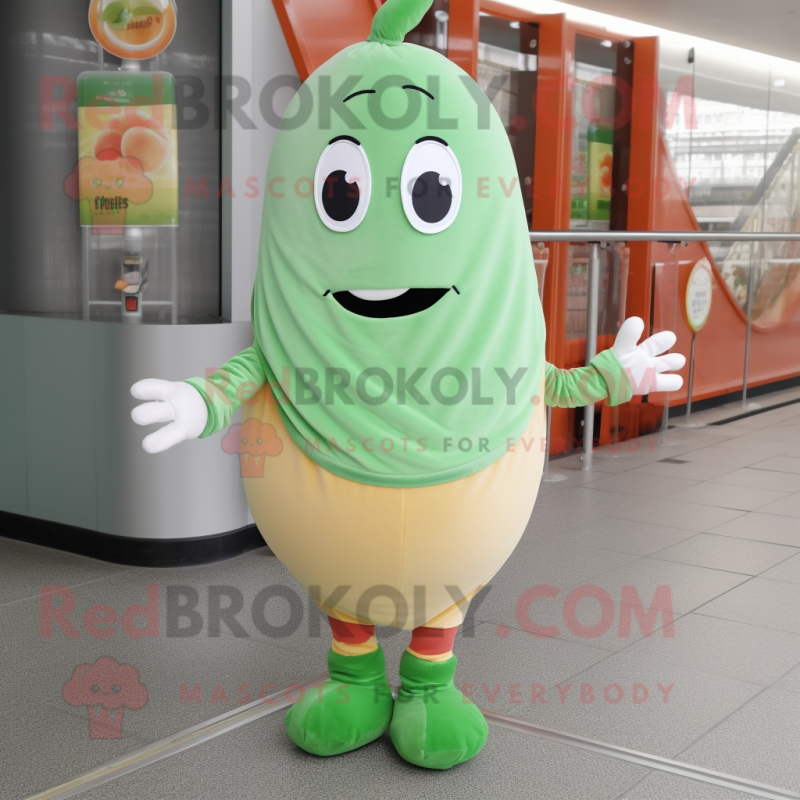 Peach Green Bean mascot costume character dressed with a Trousers and Scarves Peach Green Bean mascot costume character dressed with a Trousers and Scarves