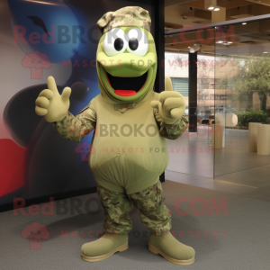 Olive American Soldier mascot costume character dressed with a Bikini and Shoe laces
