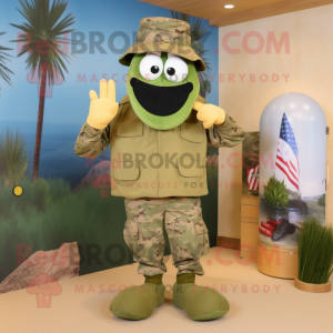Olive American Soldier mascot costume character dressed with a Bikini and Shoe laces