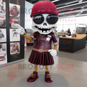 Maroon Skull mascot costume character dressed with a Pencil Skirt and Shoe clips