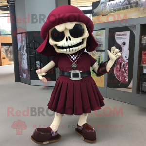 Maroon Skull mascot costume character dressed with a Pencil Skirt and Shoe clips