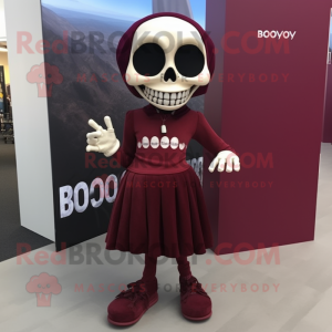 Maroon Skull mascot costume character dressed with a Pencil Skirt and Shoe clips
