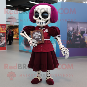 Maroon Skull mascot costume character dressed with a Pencil Skirt and Shoe clips