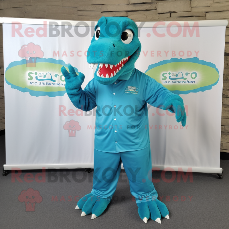 Teal T Rex mascot costume character dressed with a Jumpsuit and Shoe clips Teal T Rex mascot costume character dressed with a Jumpsuit and Shoe clips