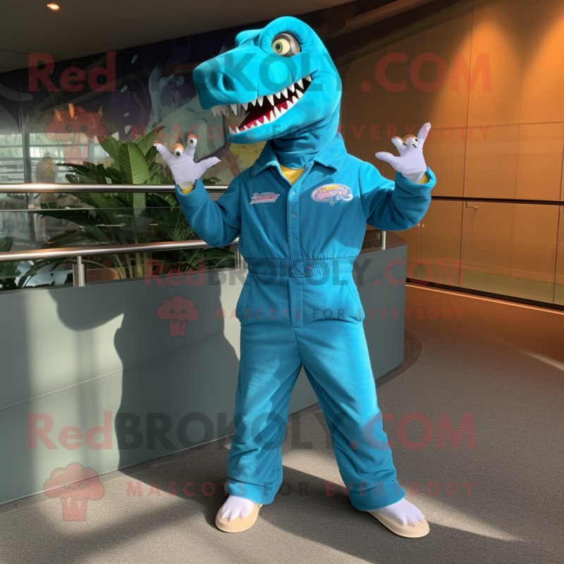 Teal T Rex mascot costume character dressed with a Jumpsuit and Shoe clips