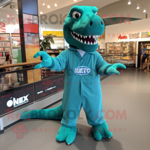 Teal T Rex mascot costume character dressed with a Jumpsuit and Shoe clips