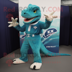 Teal T Rex maskot kostume...