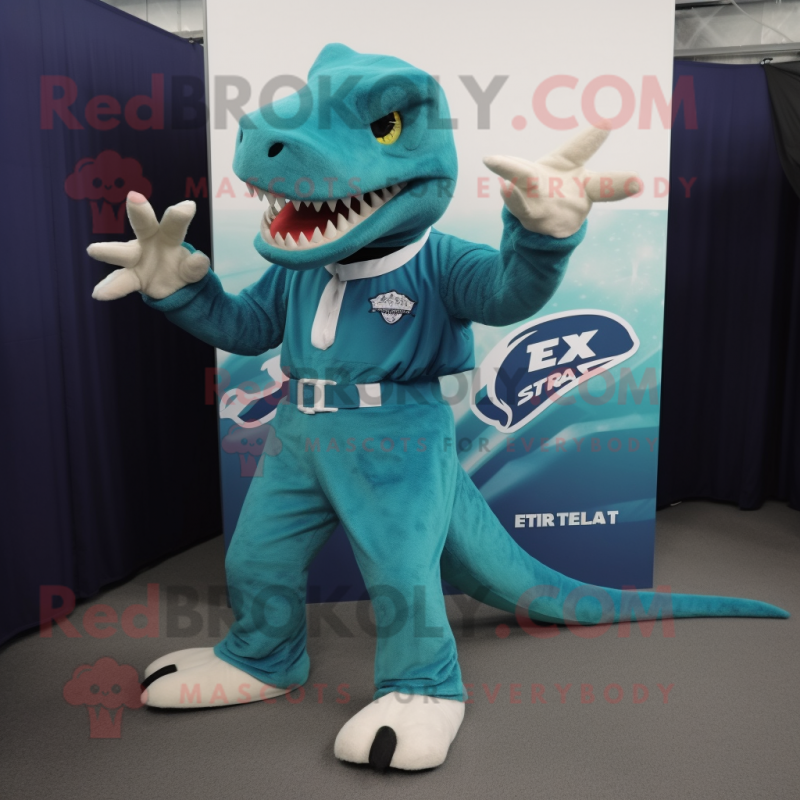 Teal T Rex mascot costume character dressed with a Jumpsuit and Shoe clips
