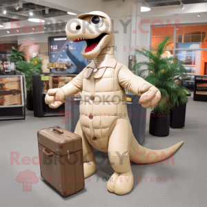 Tan Diplodocus mascot costume character dressed with a Jumpsuit and Briefcases