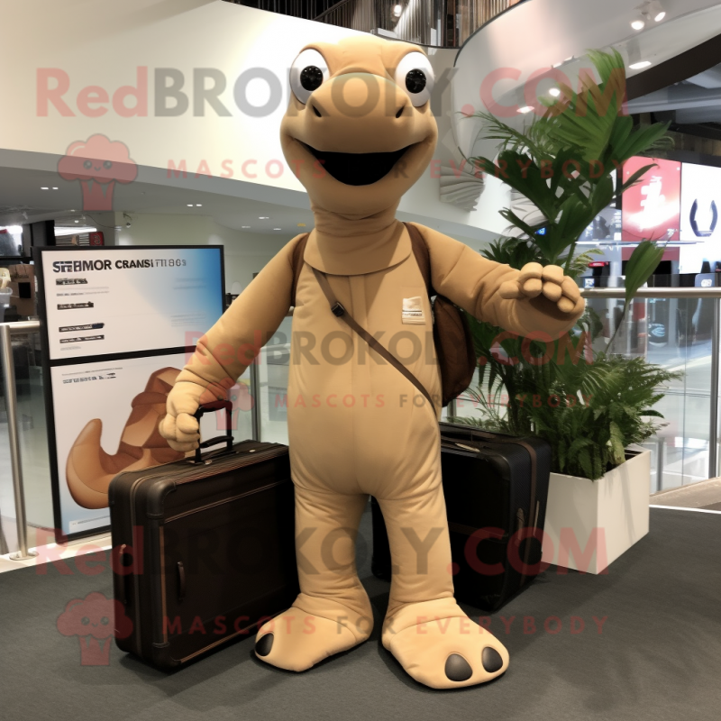 Tan Diplodocus mascot costume character dressed with a Jumpsuit and Briefcases