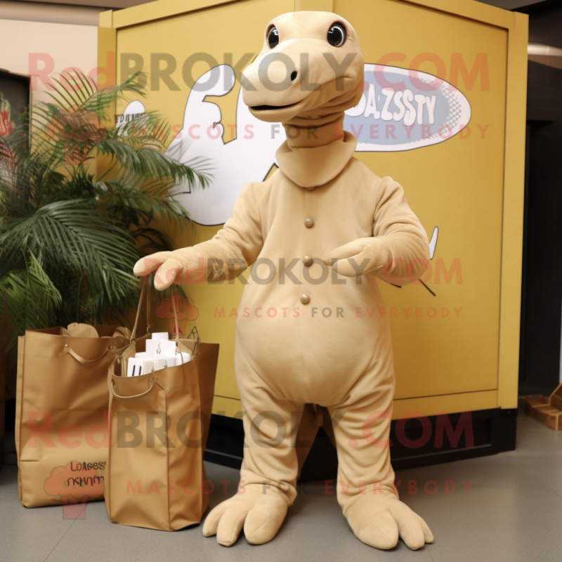 Tan Diplodocus mascot costume character dressed with a Jumpsuit and Briefcases