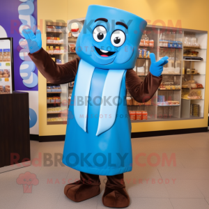 Blue Chocolate Bars mascot costume character dressed with a Sheath Dress and Gloves