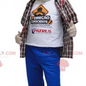 Homem mascote de calça e boné azul - Redbrokoly.com