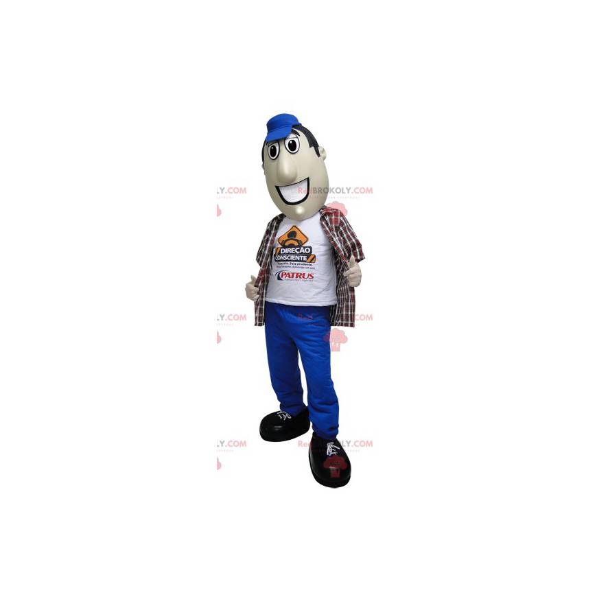 Homem mascote de calça e boné azul - Redbrokoly.com