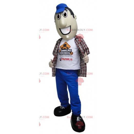 Homem mascote de calça e boné azul - Redbrokoly.com