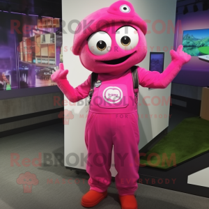 Magenta Pho mascot costume character dressed with a Overalls and Anklets