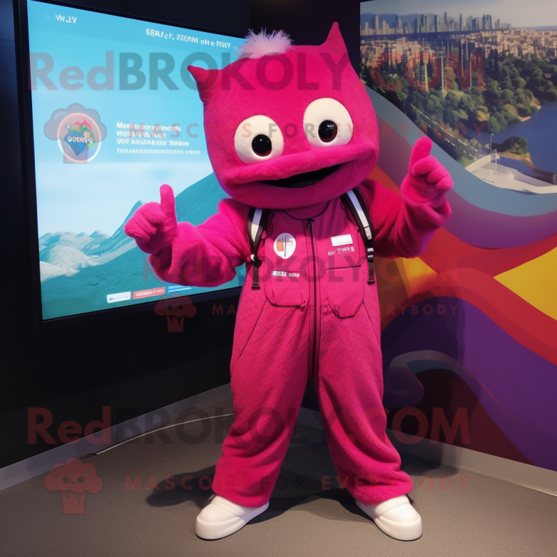 Magenta Pho mascot costume character dressed with a Overalls and Anklets