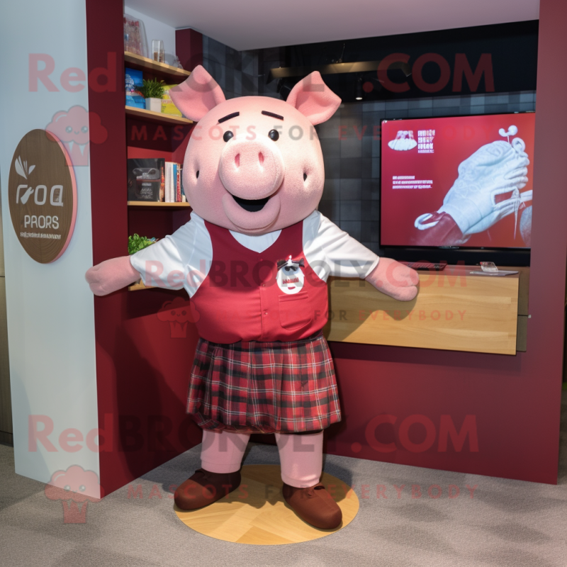 Maroon Pig mascot costume character dressed with a Mini Skirt and Pocket squares