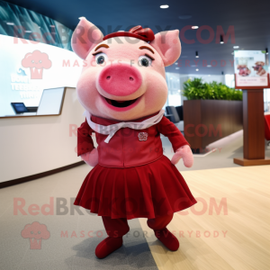 Maroon Pig mascot costume character dressed with a Mini Skirt and Pocket squares