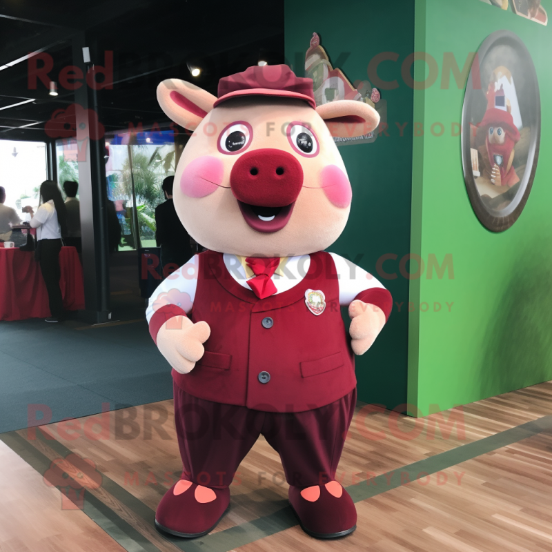 Maroon Pig mascot costume character dressed with a Mini Skirt and Pocket squares