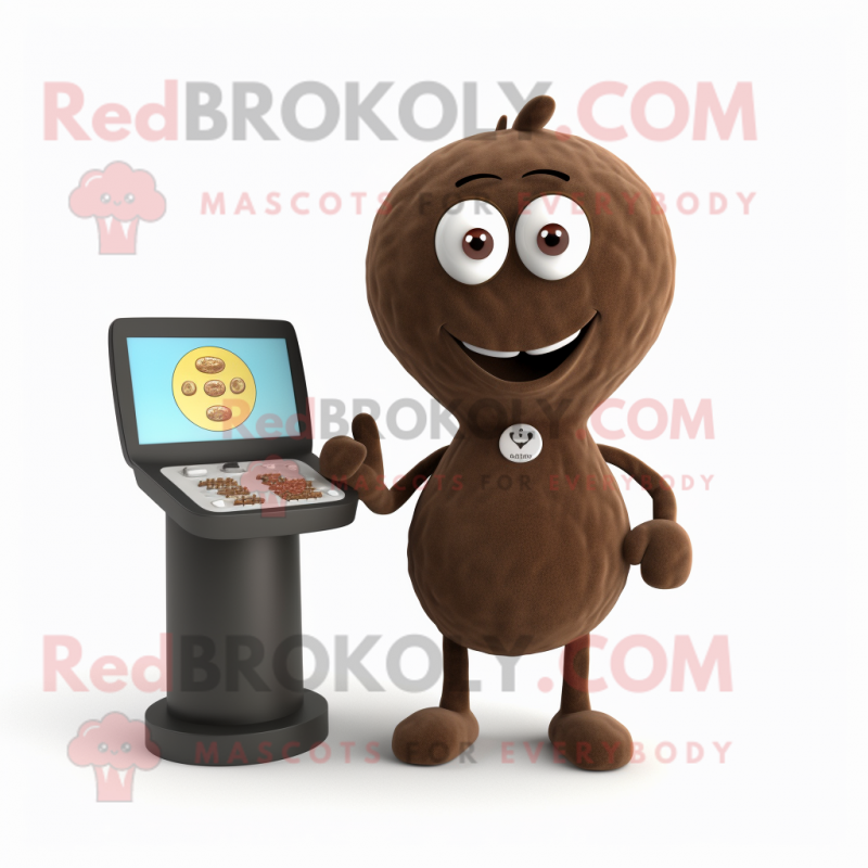 Brown Computer mascot costume character dressed with a Henley Tee and Coin purses Brown Computer mascot costume character dressed with a Henley Tee and Coin purses