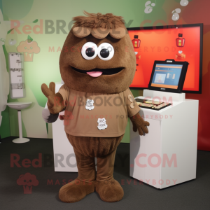 Brown Computer mascot costume character dressed with a Henley Tee and Coin purses