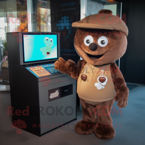 Brown Computer mascot costume character dressed with a Henley Tee and Coin purses