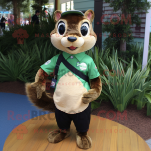 Olive Chipmunk mascot costume character dressed with a Henley Tee and Tie pins