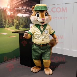 Olive Chipmunk mascot costume character dressed with a Henley Tee and Tie pins