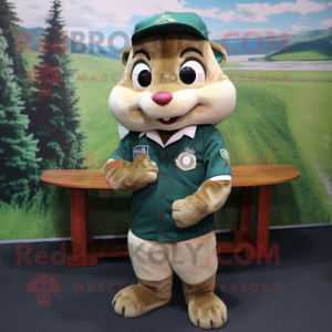 Olive Chipmunk mascot costume character dressed with a Henley Tee and Tie pins