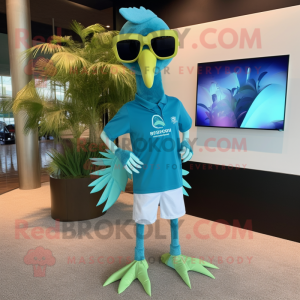 Cyan Archeopteryx mascot costume character dressed with a Polo Tee and Sunglasses