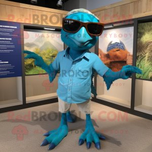 Cyan Archeopteryx mascot costume character dressed with a Polo Tee and Sunglasses