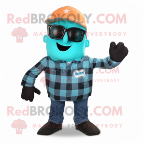 Cyan Pumpkin mascot costume character dressed with a Flannel Shirt and Sunglasses