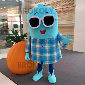 Cyan Pumpkin mascot costume character dressed with a Flannel Shirt and Sunglasses