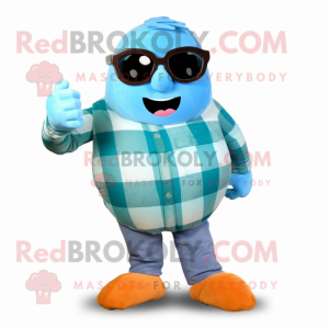 Cyan Pumpkin mascot costume character dressed with a Flannel Shirt and Sunglasses