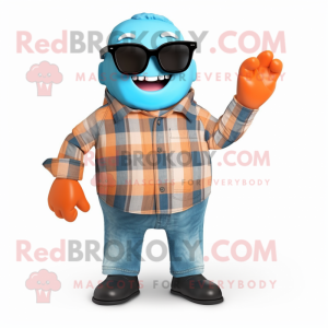 Cyan Pumpkin mascot costume character dressed with a Flannel Shirt and Sunglasses