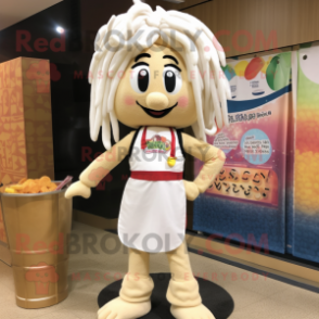 Cream Jambalaya mascot costume character dressed with a Jeggings and Hair clips