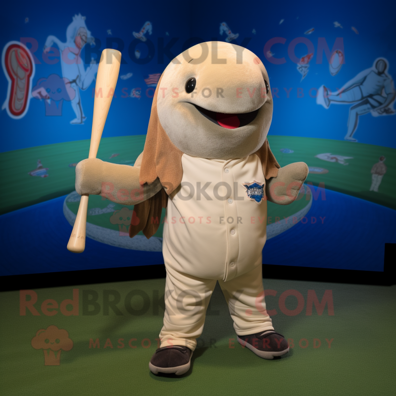 Tan Narwhal mascot costume character dressed with a Baseball Tee and Shawls Tan Narwhal mascot costume character dressed with a Baseball Tee and Shawls