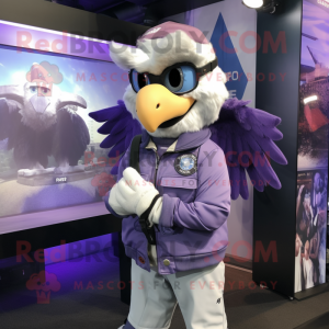 Lavender Eagle mascot costume character dressed with a Bomber Jacket and Bracelet watches