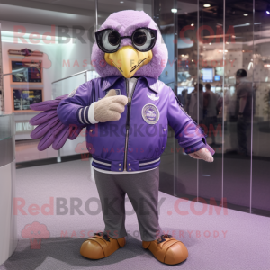 Lavender Eagle mascot costume character dressed with a Bomber Jacket and Bracelet watches