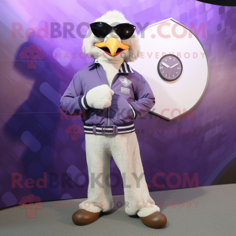 Lavender Eagle mascot costume character dressed with a Bomber Jacket and Bracelet watches