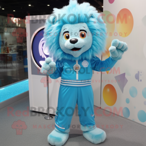 Cyan Lion mascot costume character dressed with a Jumpsuit and Hairpins