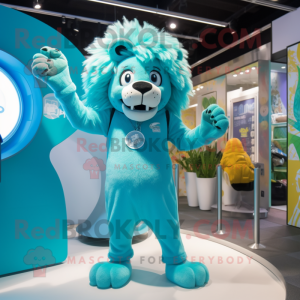 Cyan Lion mascot costume character dressed with a Jumpsuit and Hairpins